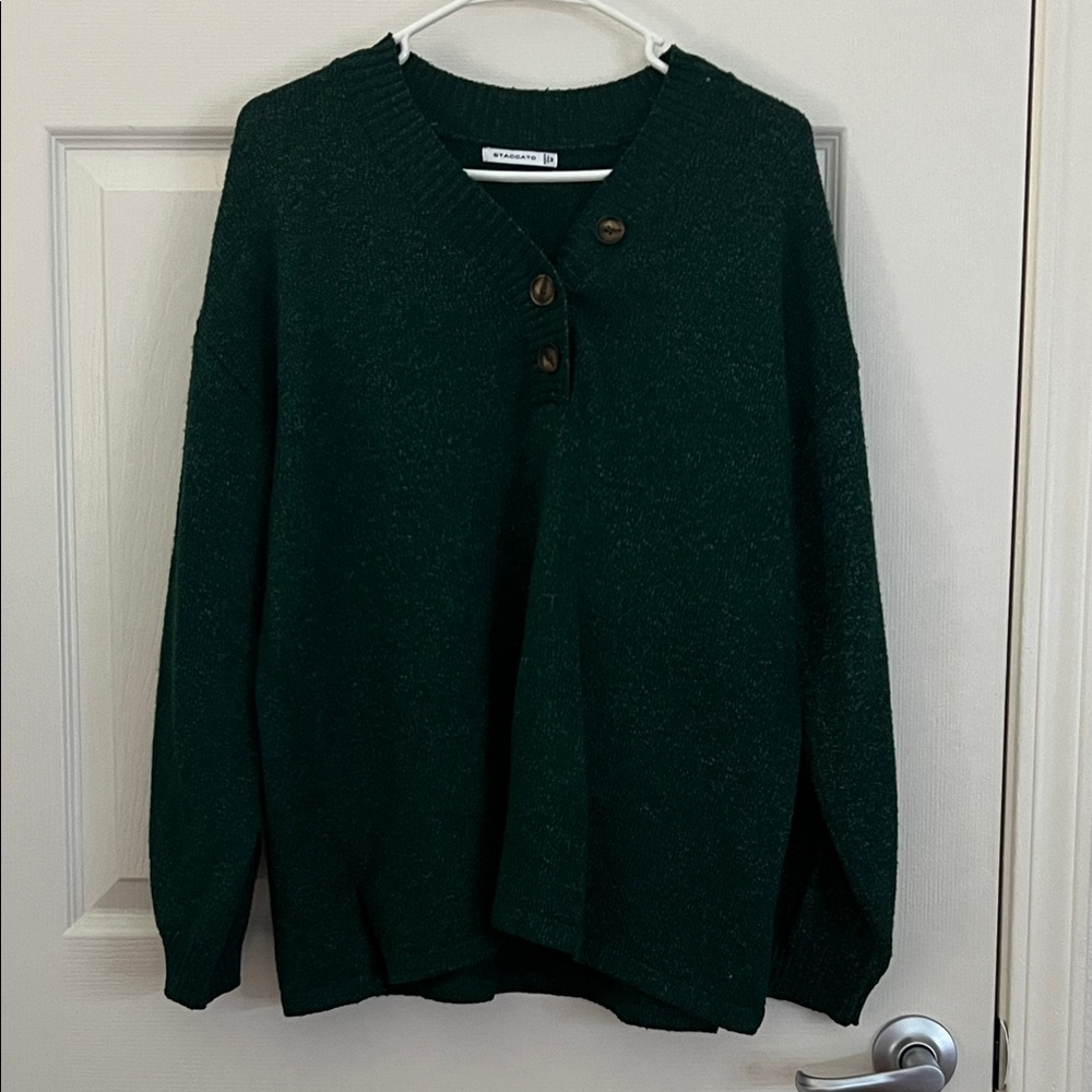 Staccato Women's Dark Green V-Neck Button-Front Sweater
